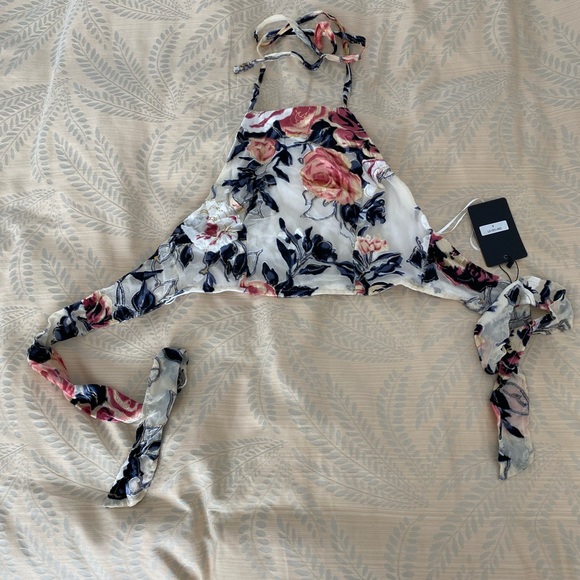 One Way Tops - One Way Floral Velvet Halter Tie Back Top